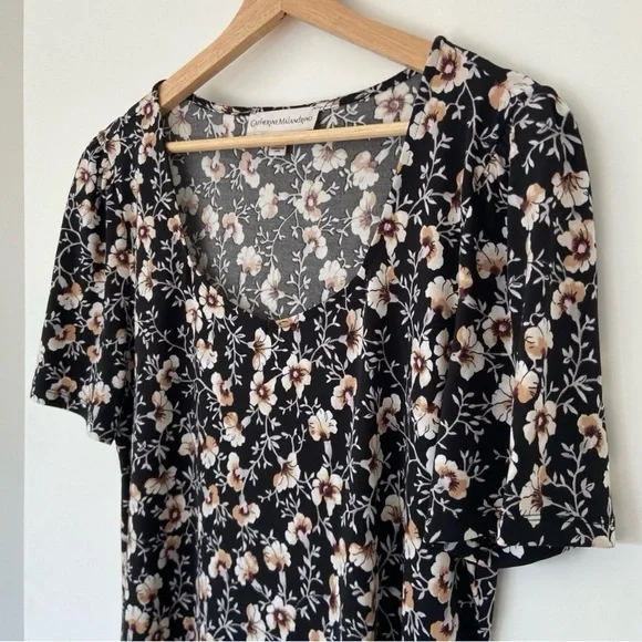 CATHERINE MALANDRINO BLACK/WHITE/BEIGE FLORAL JERSEY SHORT SLEEVED TOP, X-LARGE - Picture 6 of 9